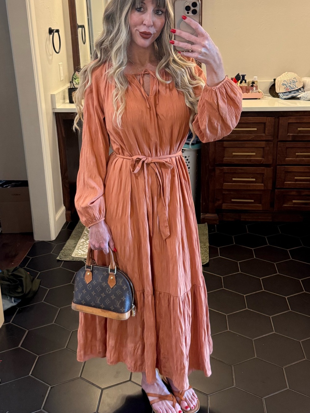 Elizabeth and James Cinnamon rust boho midi dress, romantic prairie dress medium